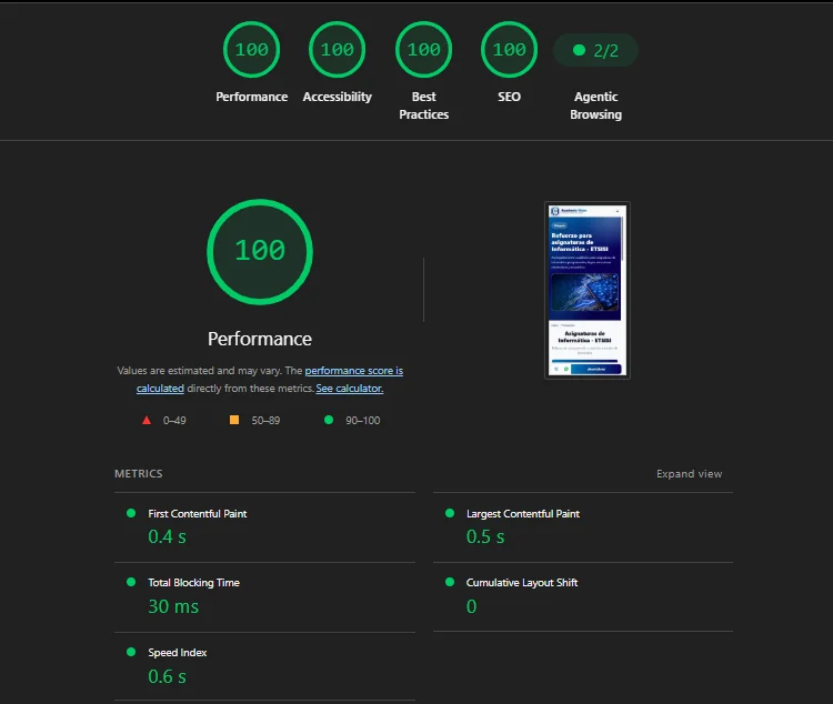 Captura de PageSpeed Insights de Academia Visan con métricas de rendimiento, accesibilidad, buenas prácticas y SEO